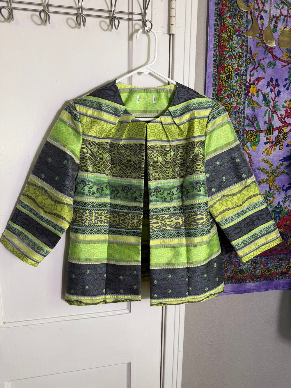 Womens Lime Green Jacquard Jacket Open Front Artsy Geometric 90s Style M L